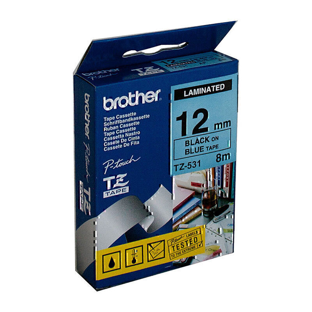 Brother Lamined Black on Blue Teleting Tape