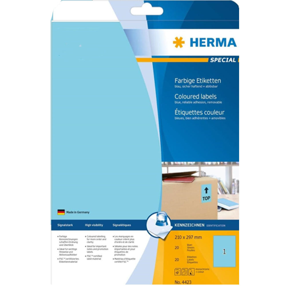 Herma avtagbar färgade etiketter A4 20 st (210x297mm)