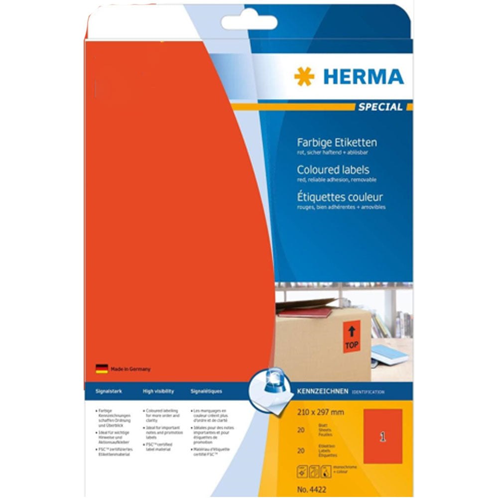 Herma Removable Coloured Labels A4 20pc (210x297mm)