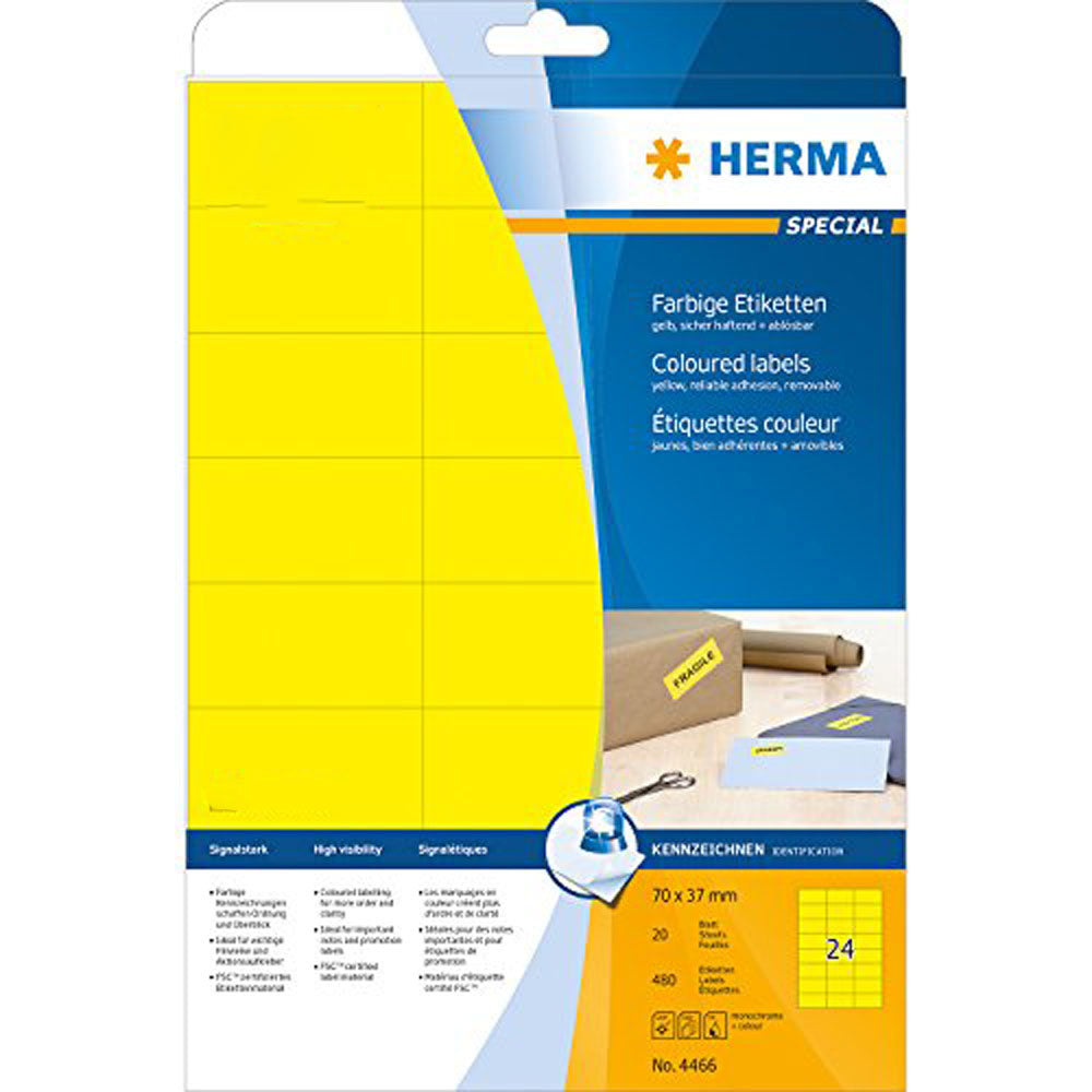 Herma avtagbar färgade etiketter A4 20 st (70x37mm)