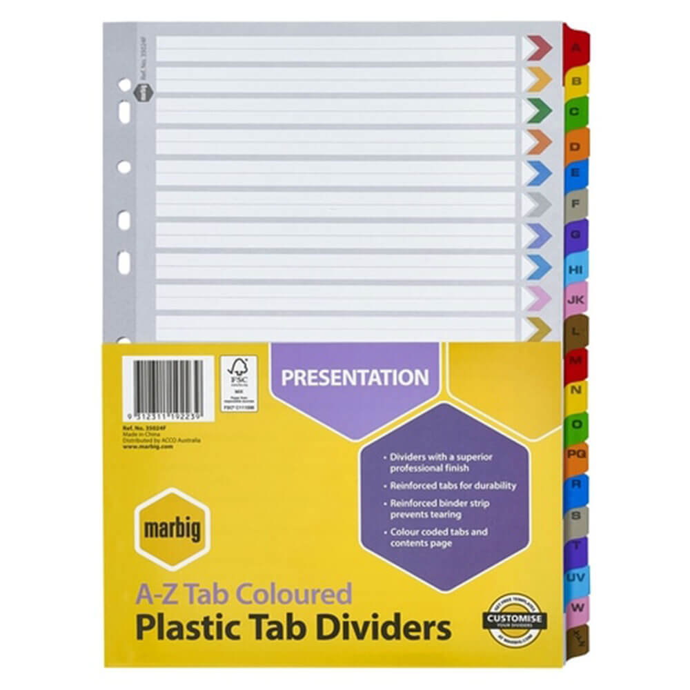 Marbig Manilla Plastic Tab Dividers A4 (farvet)