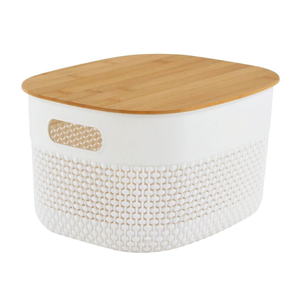 Cesta de plástico oval com tampa de bambu (branco)