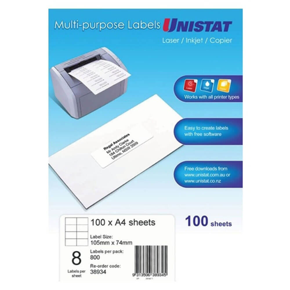 Unistat Laser/Inkjet/Copier Label 100pk