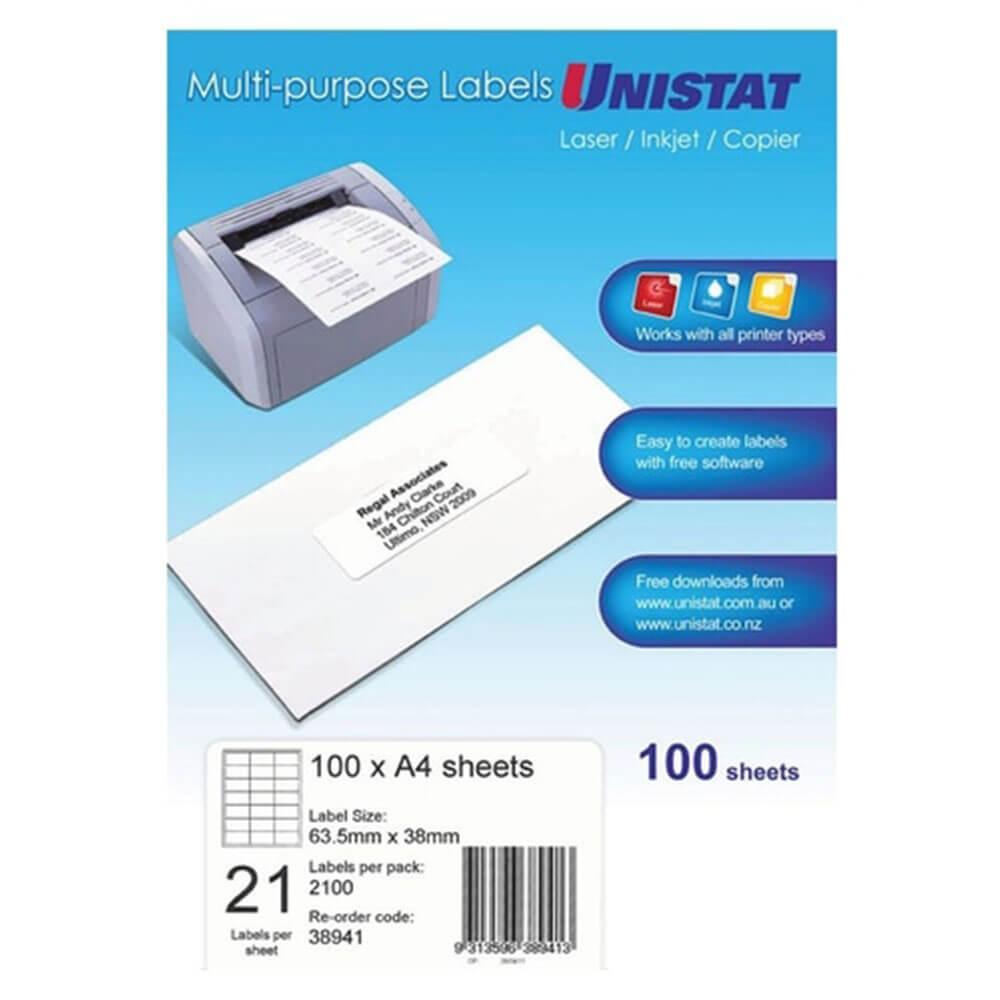 Unistat Laser/Inkjet/Copier Label 100pk