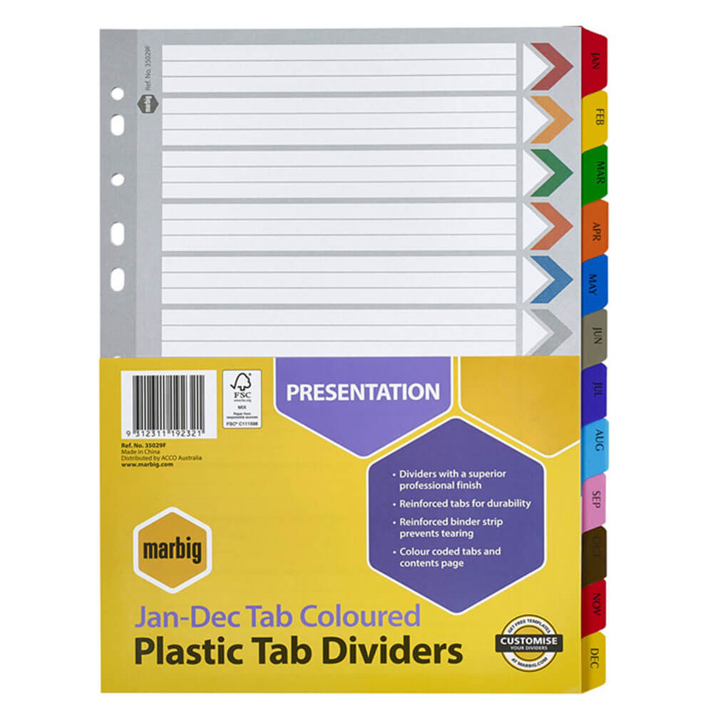 Marbig Jan-Dec Manilla Plastic Tab Divider (A4)