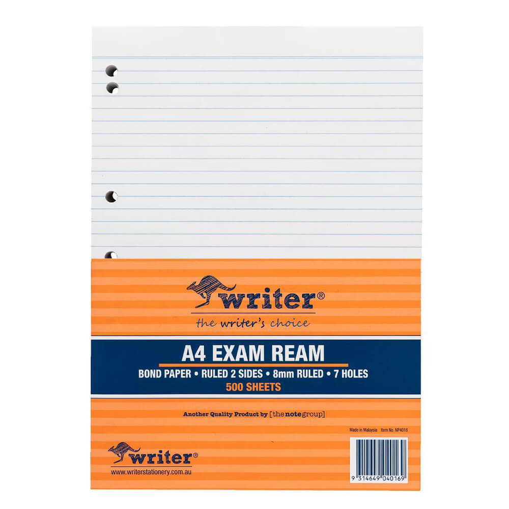 Schrijver A4 8mm geregeerd examenpapier met marge (55 gSM)